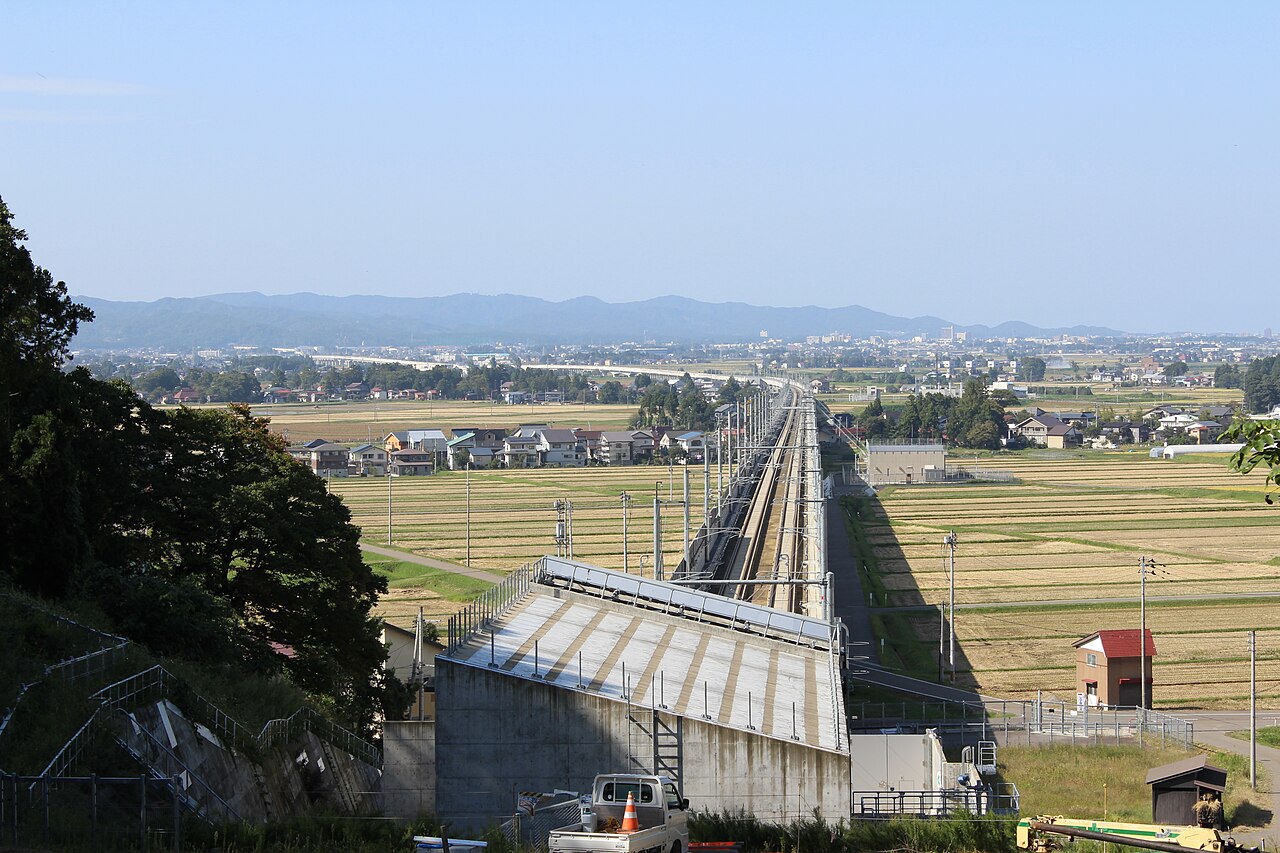 The Hokuriku Shinkansen viaduct crossing the Takada plain near Joetsu-Myoko, Niigata Prefecture.