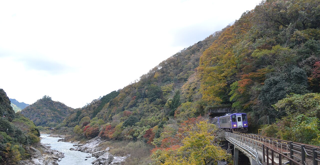 A down local train for Kamo on the Kansai Main Line between Okawara and Kasagi, beside the Kizu River.