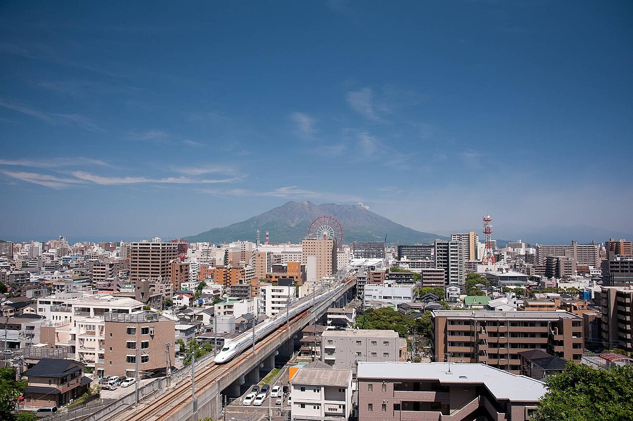 An N700 series Shinkansen arrives at Kagoshima-Chūō Station, the southern terminus of the Kyūshū Shinkansen.