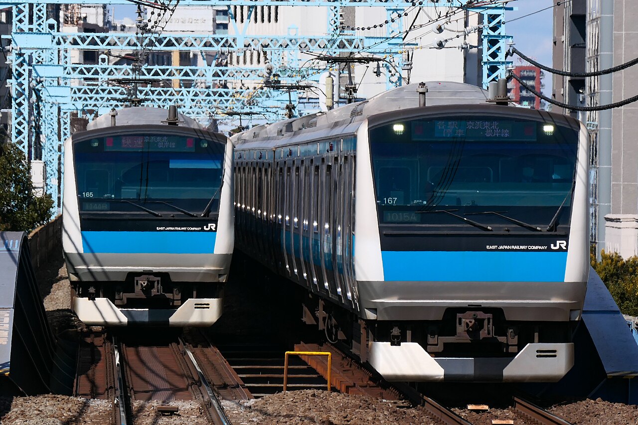 E233-1000 series rapid and local trains between Sakuragicho and Kannai on the Negishi Line.