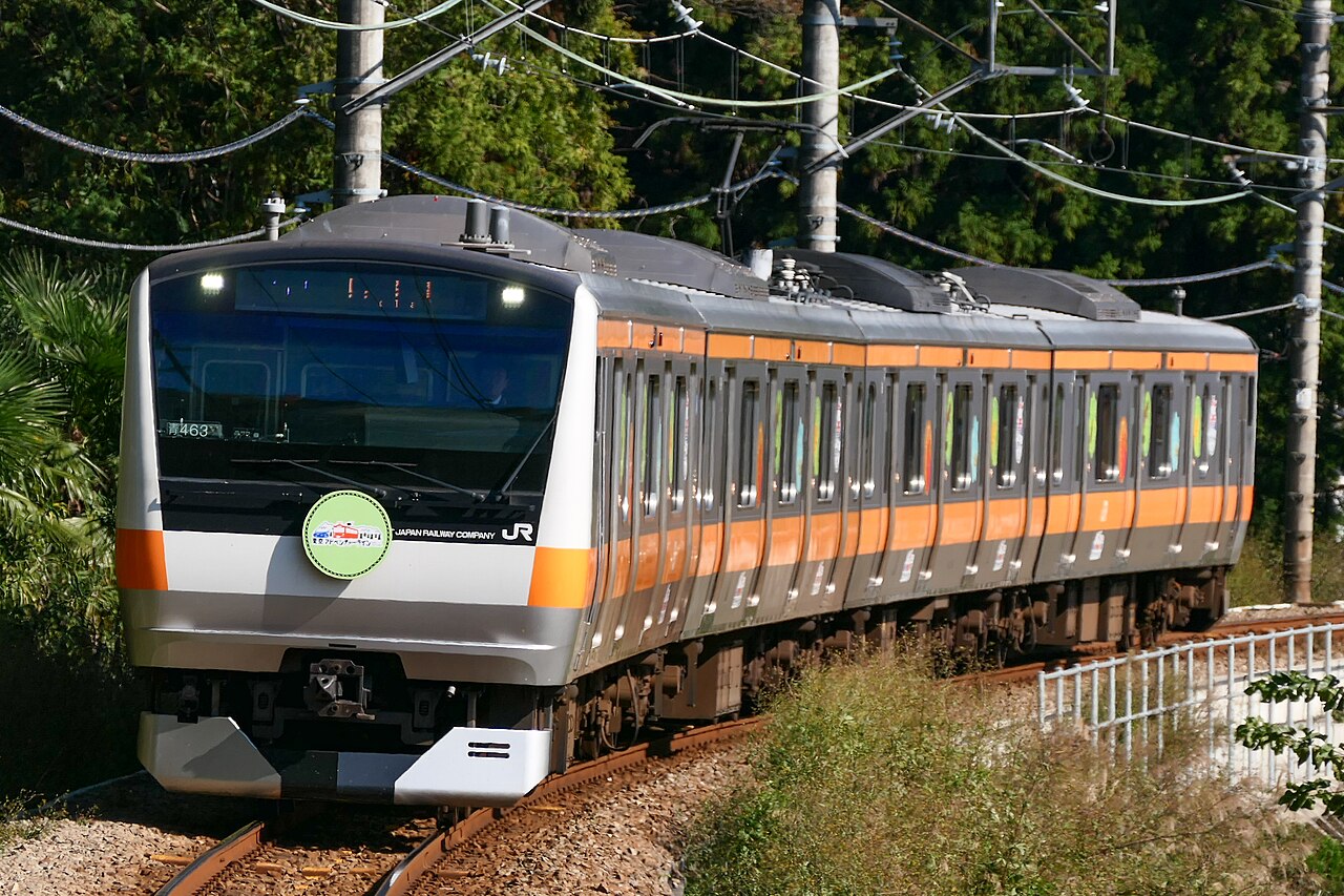 A JR East E233-0 series set (Tokyo Adventure Line livery) between Ōme and Miyanohira on the Ōme Line.