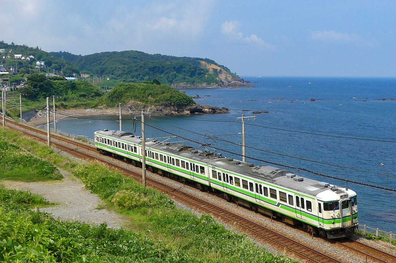 A JR East 115-1000 series rapid service on the Shin'etsu Main Line between Ōmigawa and Kujiranami.