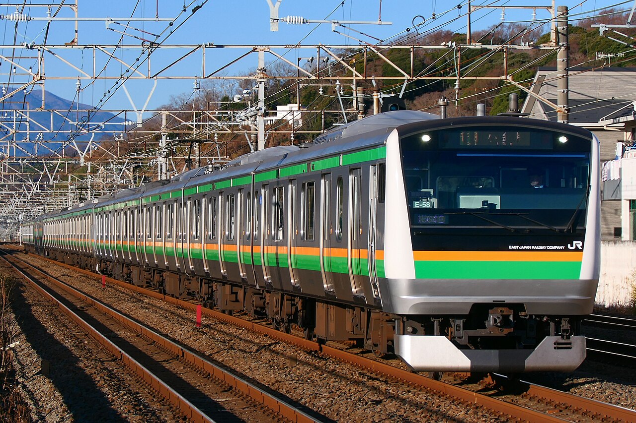 A JR East E233-3000 series set between Ninomiya and Ōiso on the Tōkaidō Main Line.