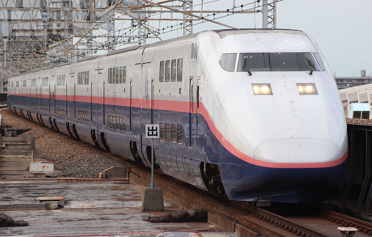 Refurbished JR East E1 series set M5 approaching Omiya Station on a Joetsu Shinkansen service.