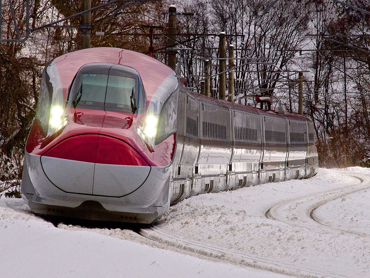 A JR East E6 series set Z14 on a Komachi service on the Akita Shinkansen, on the Ou Main Line.